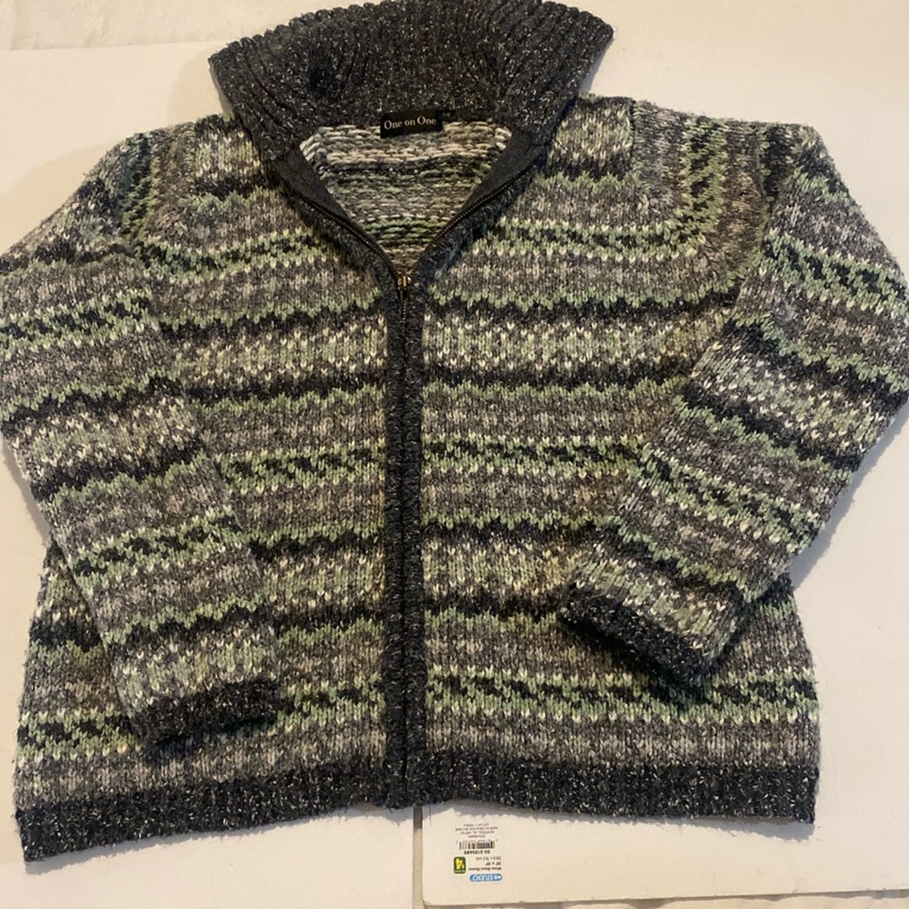 1980’s One on One vintage green grey and white wool blend cardigan